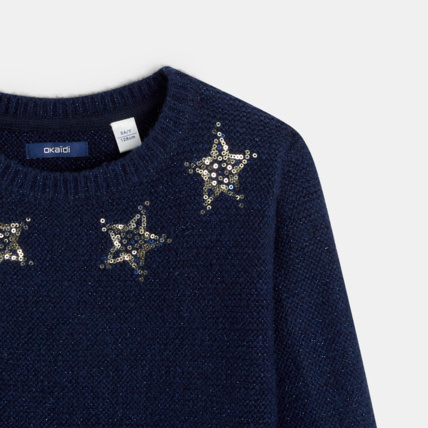 Avis Pull au point mousse et motifs étoiles en sequins bleu fille OKAIDI 2
